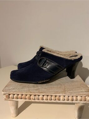 Navy Suede Shearling-Lined Mule Heels with Buckle Detail